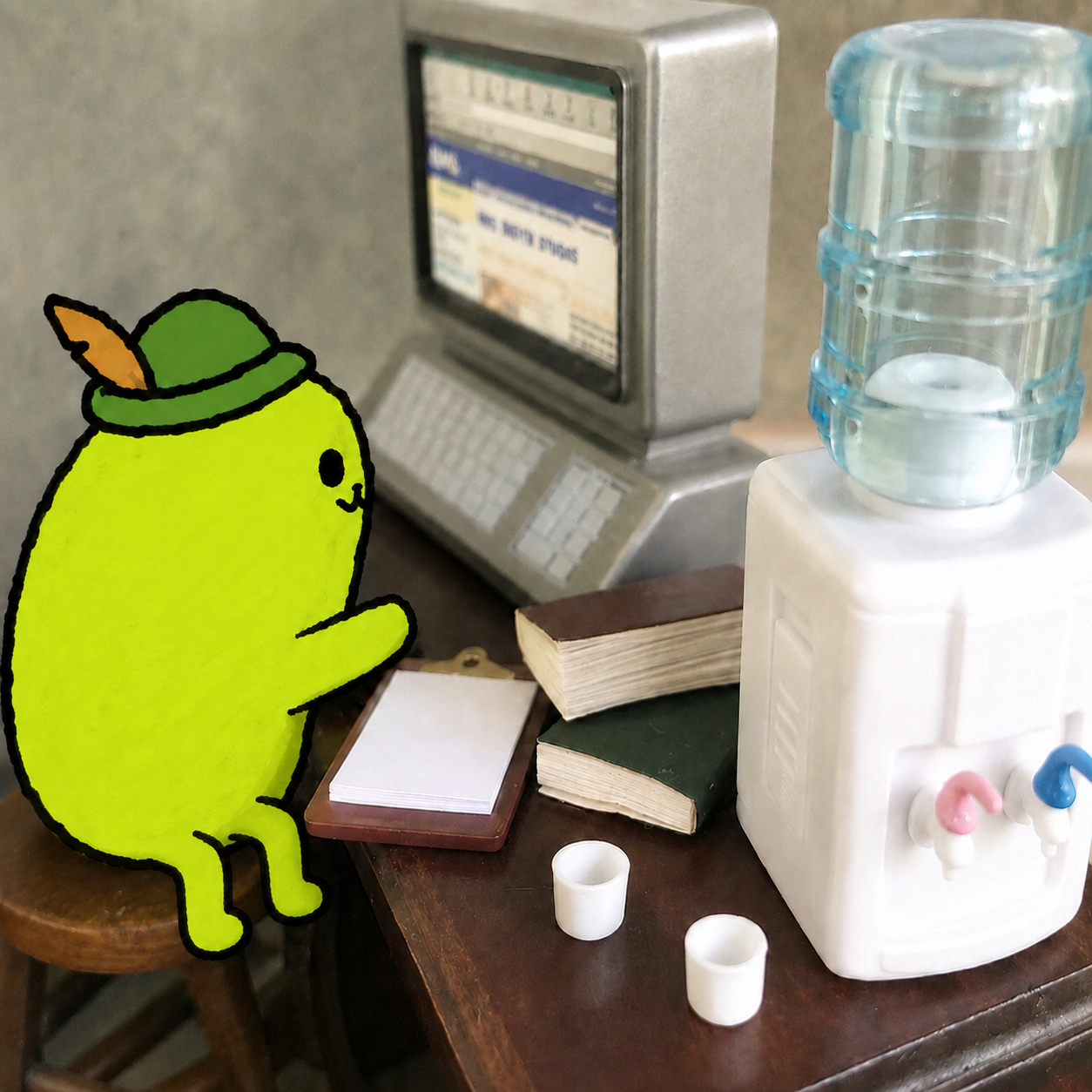 Lunchy at a tiny office with a water cooler and CRT