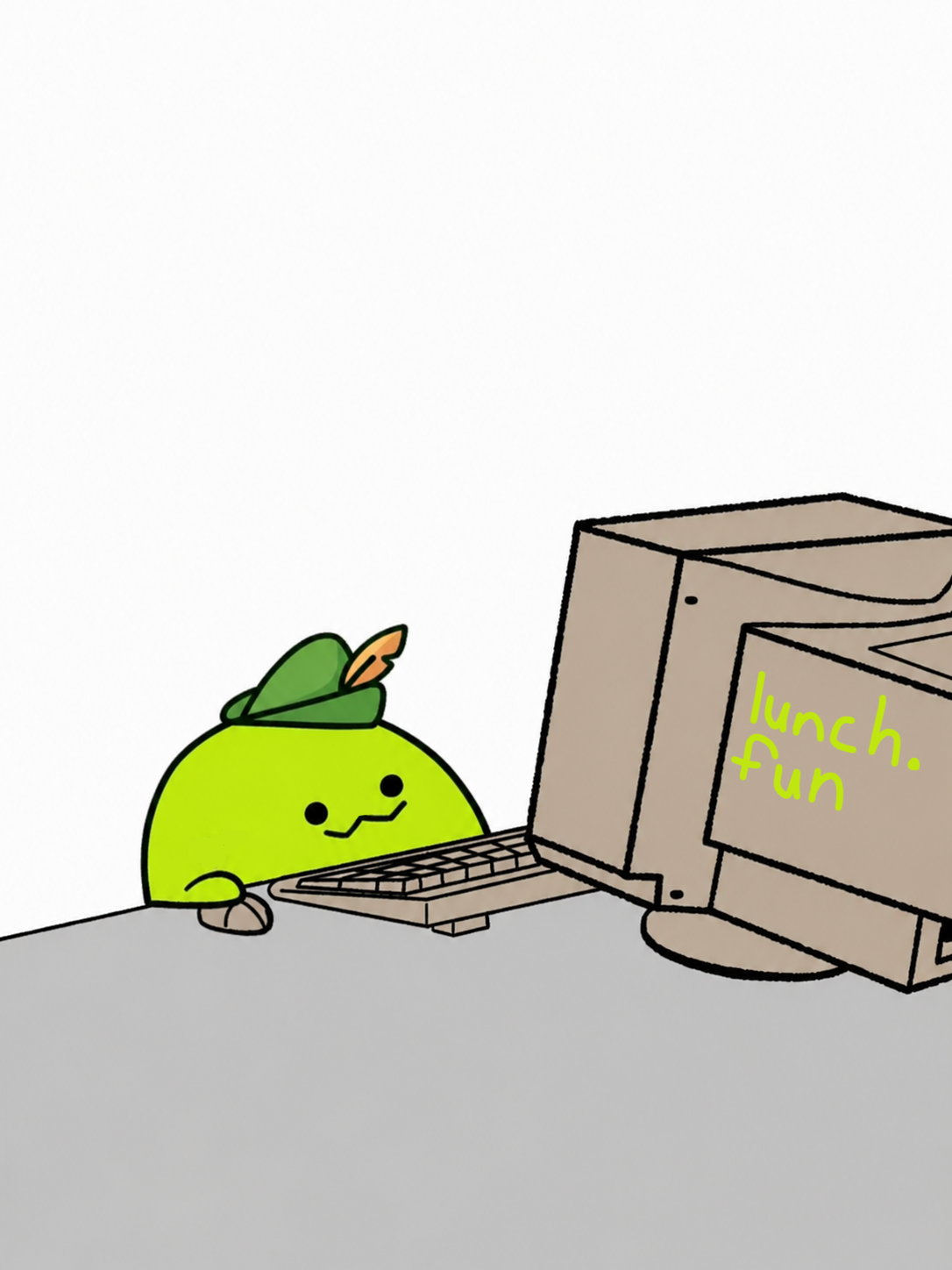 Lunchy peeking at a monitor labeled lunch.fun