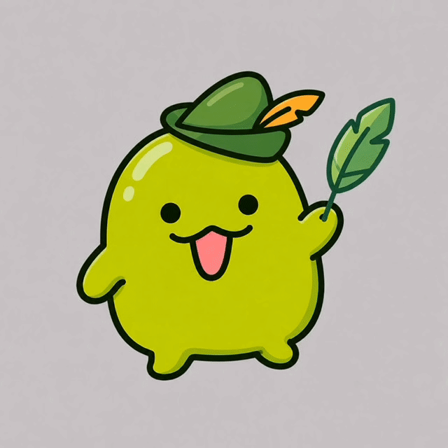 Lunchy waving hello with a leaf and a feathered green cap