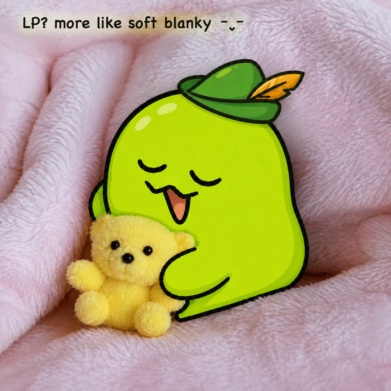 Lunchy sleepy on a pink blanket with a teddy